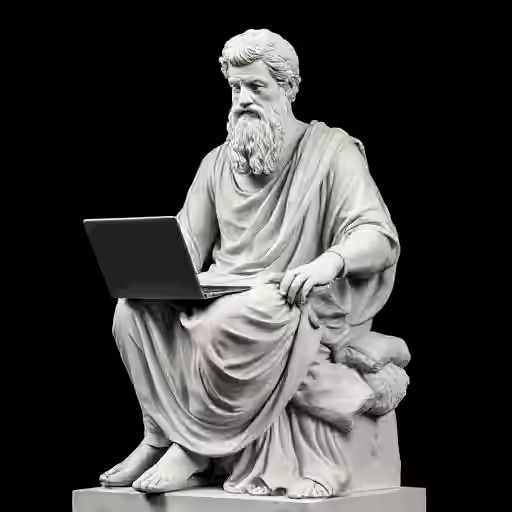 Fausse statue d’un philosophe de la Grèce antique avec un ordinateur sur les genoux