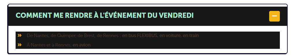 Il y a deux gros blocs noirs : on discerne bien le titre en vert Comment me rendre à l'événement de vendredi et en dessous, on ne peut pas lire le texte qui est de couleur marron