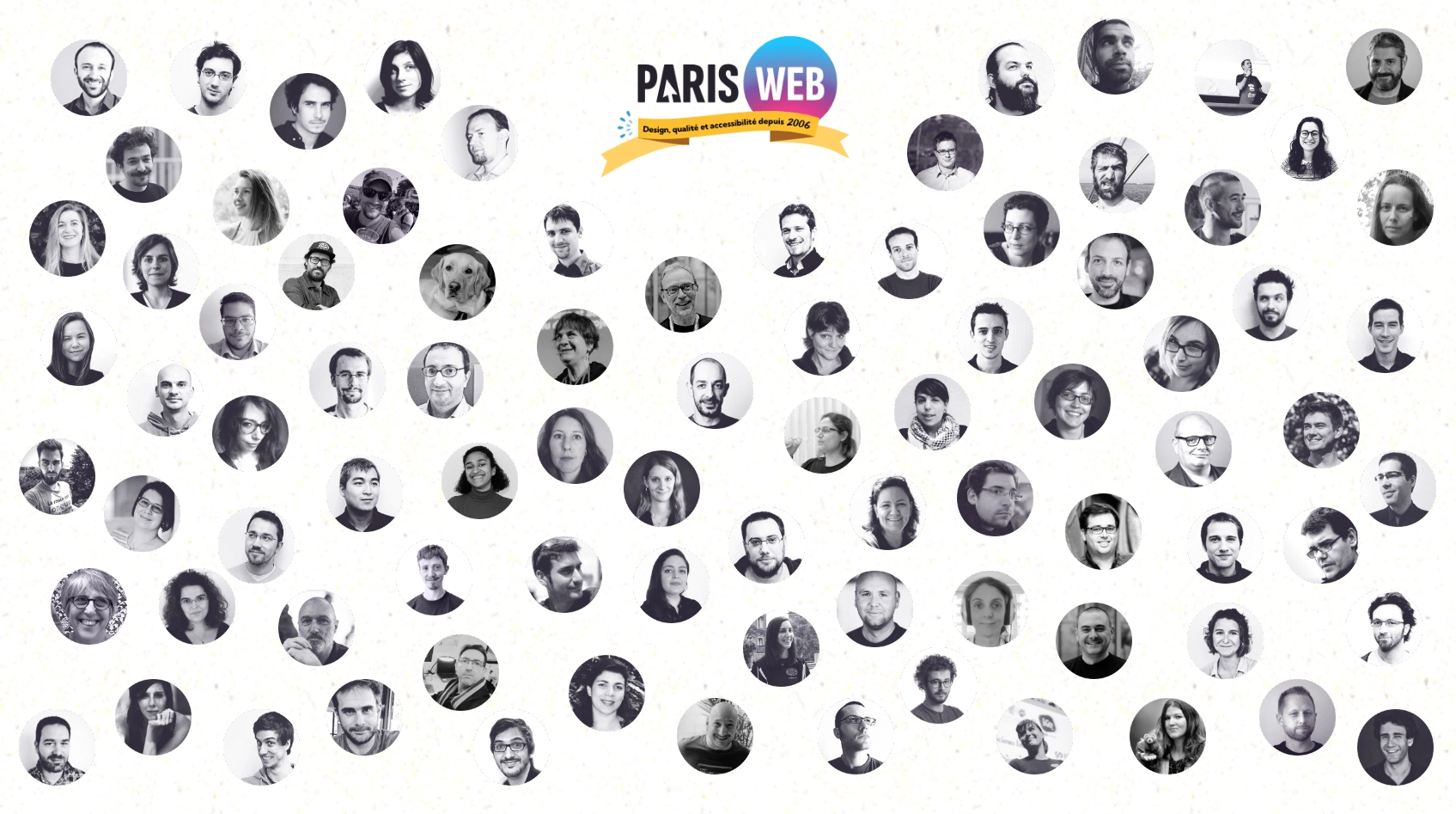Photos des bénévoles de Paris Web, sous le logo Paris Web et le slogan « Design, qualité et accessibilité depuis 2006 »