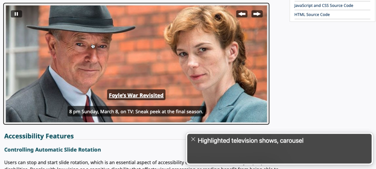 capture d’écran de l’annonce d’un carrousel par le lecteur d’écran VoiceOver