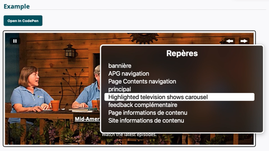 capture d’écran du rotor de VoiceOver par-dessus un carrousel