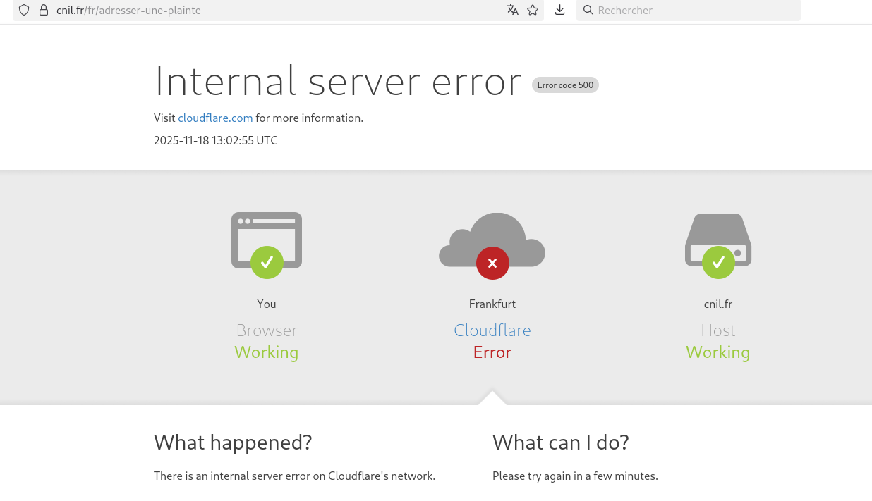 Le site Web de la CNIL, inaccessible pendant la panne Cloudflare (« <i lang="en">Internal server error</i> »)
