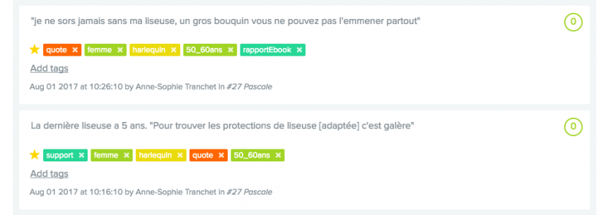 Extrait de 2 questions : "Je ne sors jamais sans ma liseuse, un gros bouquin vous ne pouvez pas l'emmener partout" accompagnée des tags "quote, femme, harlequin, 50_60ans, rapportEbook" et la deuxième question "La dernière liseuse a 5 ans. Pour trouver des protections de liseuse adaptée c'est galère" accompagnée des tags : "support, femme, harlequin, quote, 50_60ans"