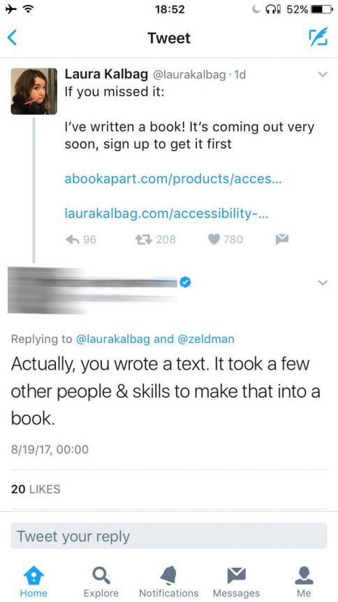 Tweet de Laura Kalbag et la mecsplication qui a suivi.