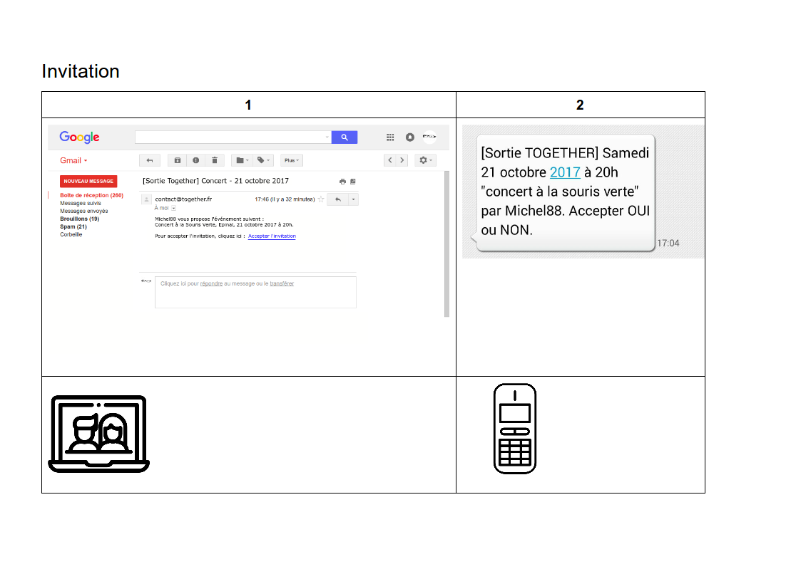 Deux propositions d'interface: à gauche on voit un mail, et à droite on voit un SMS