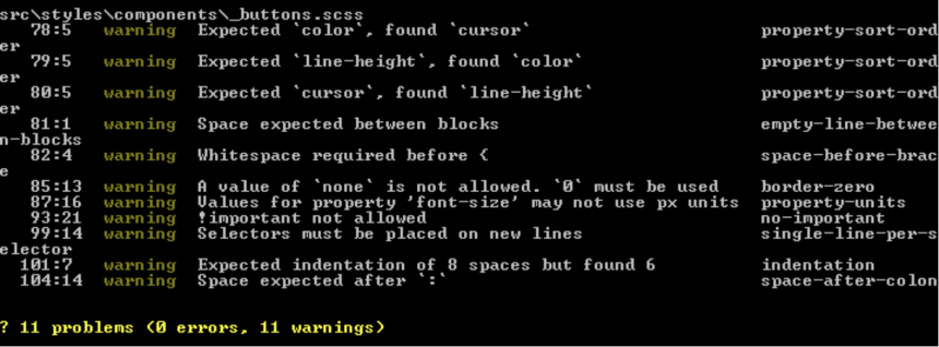 Capture d'écran d'un morceau de code contenant des avertissements de Sass-Lint dans la console