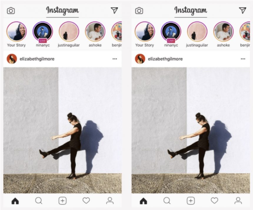 Capture d'écran de l'interface Instagram représentant une photo de jeune femme ElizabethGilmore dans une posture verticale jambe gauche et bras droit levé