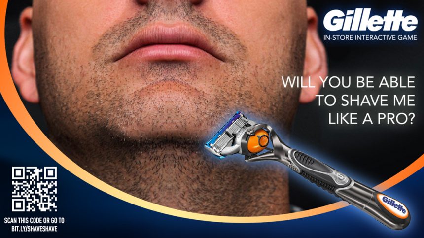 Homme avec un rasoir Gillette. Will you be able to shave me like a pro ? et un QR code sur le bas de l'image à gauche permettant d'envoyer à la vidéo de la publicité