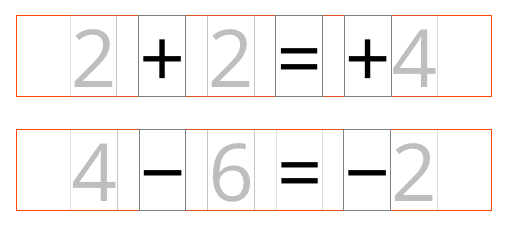 Deux opérations sont présentées ligne à ligne. Les chiffres et les signes mathématiques restent bien alignés verticalement.