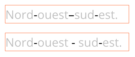 Le premier exemple présente une direction géographique combinée entre nord-ouest et sud-est en utilisant un tiret demi cadratin pour séparer les deux mots composés. Le second exemple sépare les mots composés par un trait d’union renforcé par des espaces.