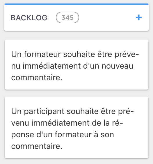 Exemple de backlog avec deux cas d'utilisation de notifications différents.