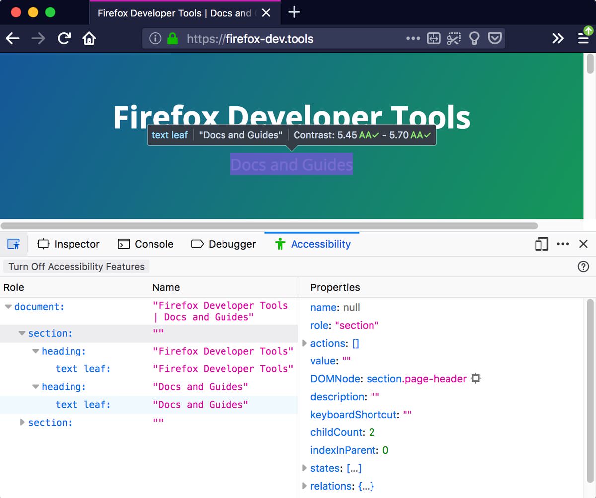 Capture d'écran de l'onglet accessibilité dans Firefox