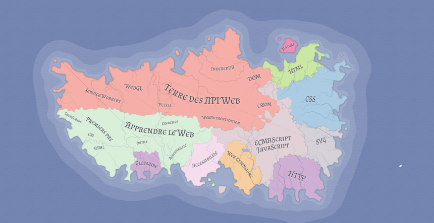 Carte imaginaire avec les différentes sections de MDN, générée grâce à https://azgaar.github.io/Fantasy-Map-Generator/