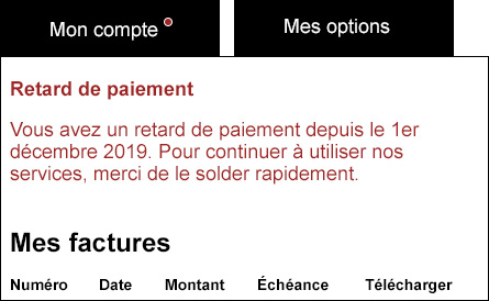 Tableau de bord utilisateur. L’onglet actif est Mon compte. Un point rouge à côté du label indique qu’il y a un retard de paiement.