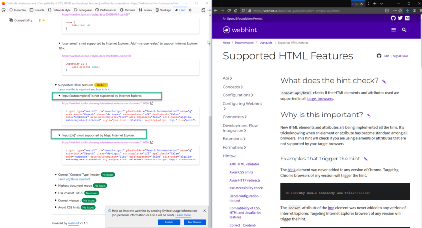 Utilisation de l'extension webhint dans les outils de Firefox 