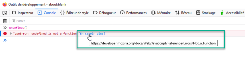 Message d'erreur dans la console de Firefox avec le lien vers MDN encadré