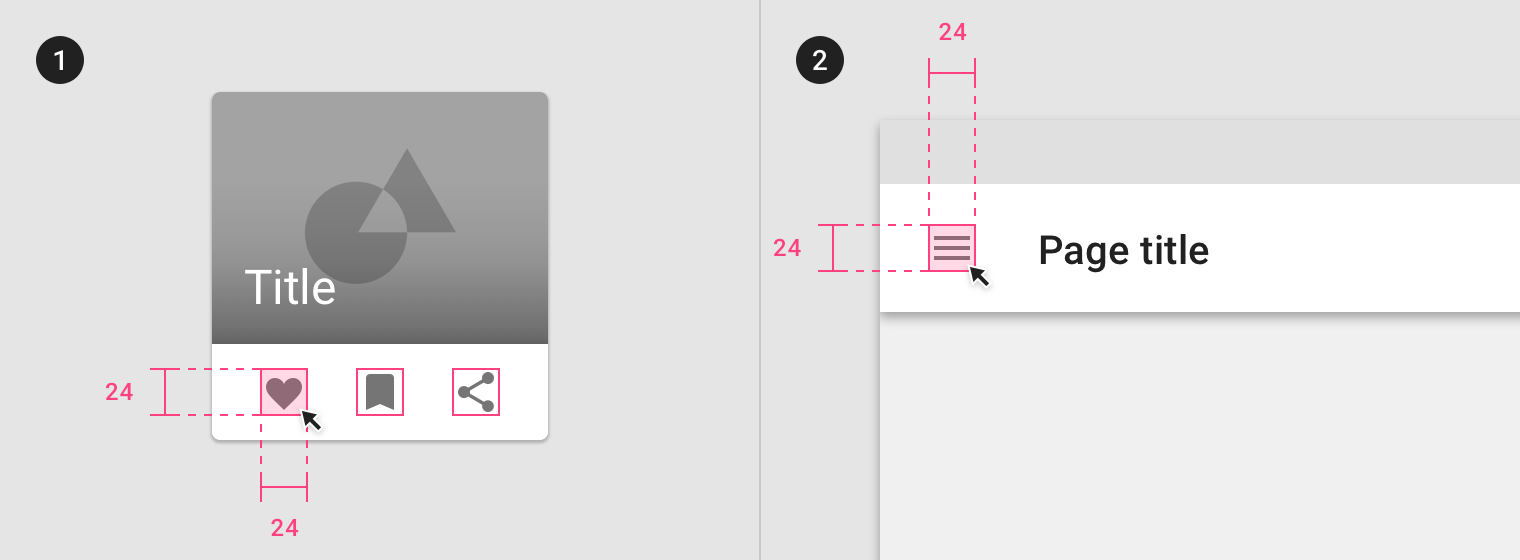 Schéma représentant deux designs comportant des icones d’environ 20 pixels de côté, avec dessiné en surimpression une zone cliquable de 24 pixels de côté.