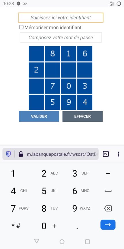 Une capture de l'écran de connexion à ma banque depuis mon mobile. Le champ « identifiant » a le focus et le clavier numérique est ouvert.