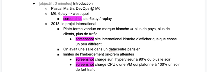 Plan détaillé d'une conférence. Au premier niveau, les sections avec leurs objectifs et leur durée. Le second niveau liste les points à aborder et les niveaux suivants entrent dans les détails.