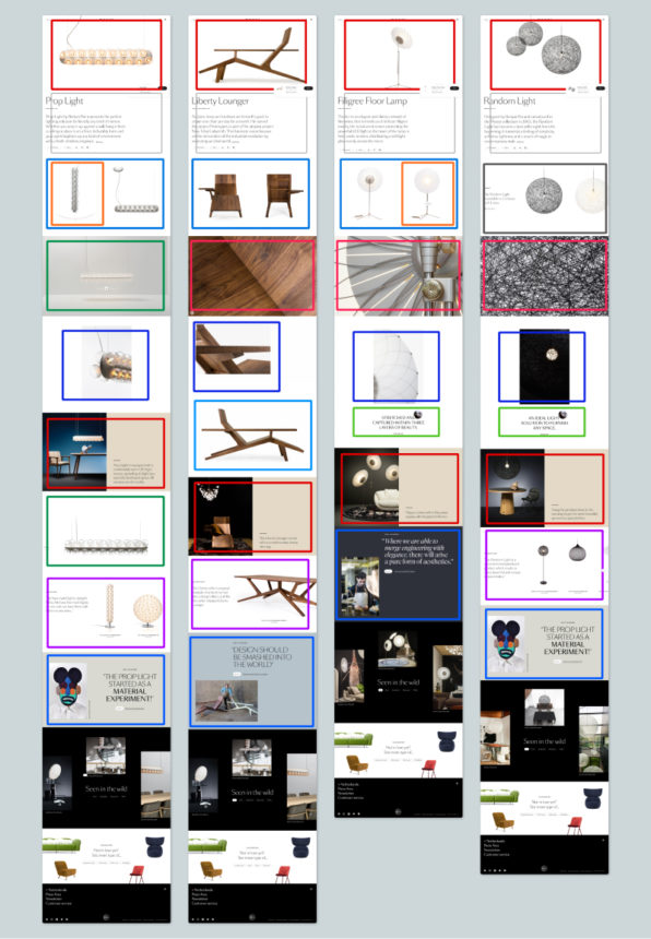 Quatre pages produits de moooi.com. Chaque bloc a un code couleur pour démontrer leur diversité.