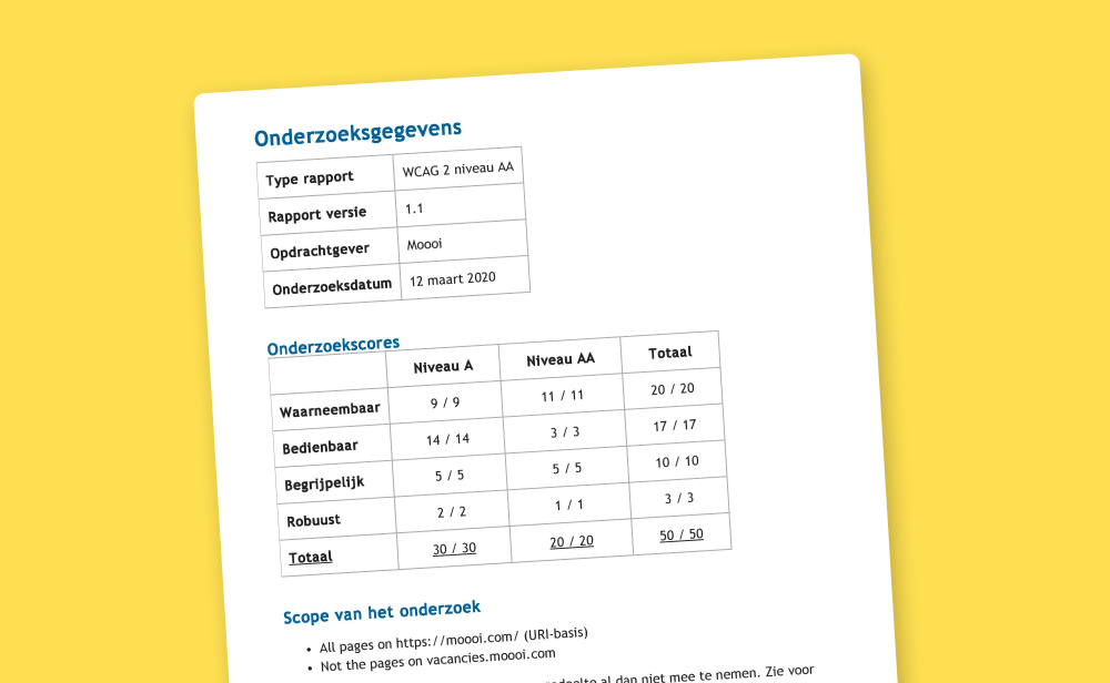 Page de résultats de l'audit du site par The Accessibility Foundation, score de 50/50