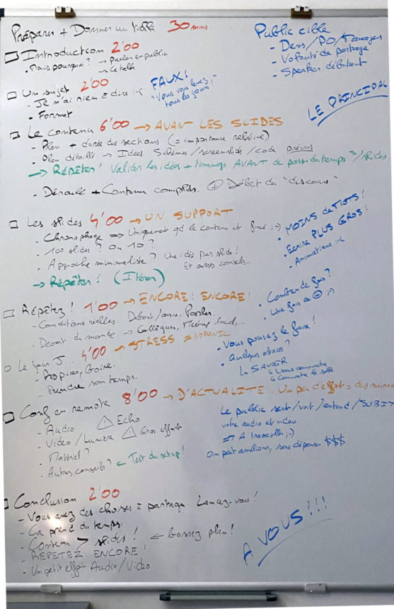 Un tableau blanc couvert de notes. Plusieurs couleurs de feutres sont utilisées pour distinguer les informations relatives aux contenus, aux durées, à l'accompagnement visuel de la parole ou aux commentaires