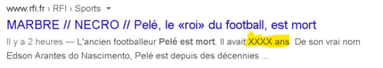 Capture d'écran montrant un article annonçant la mort de Pelé