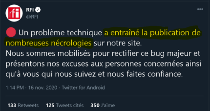 Capture d'écran d'un tweet de RFI s'excusant d'un problème de publication de nécrologies