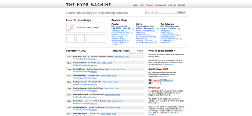 Page d'accueil du site The Hype Machine