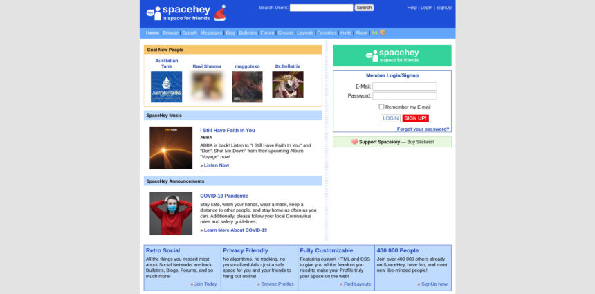 Page d'accueil du site SpaceHey