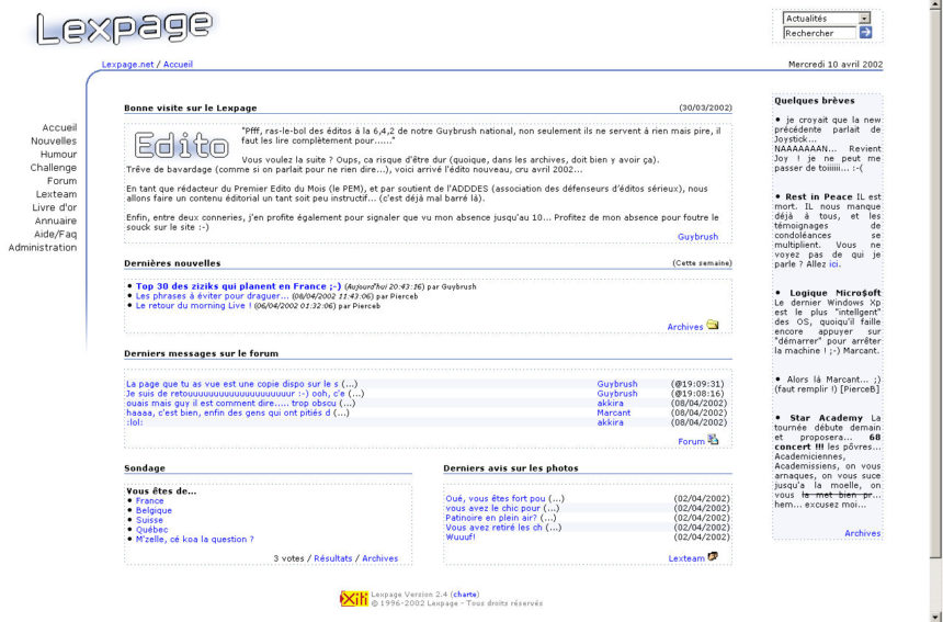 Page d'accueil du site Lexpage