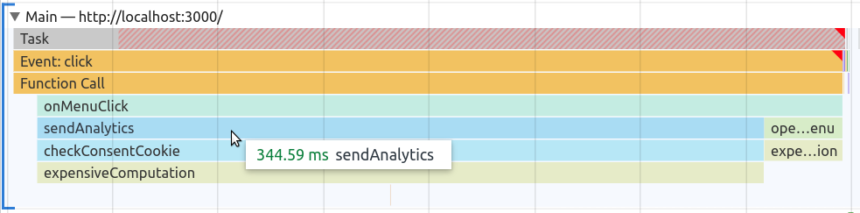 Un profil qui montre le flamechart de l'exécution du JavaScript lorsqu'on clique sur le bouton du menu