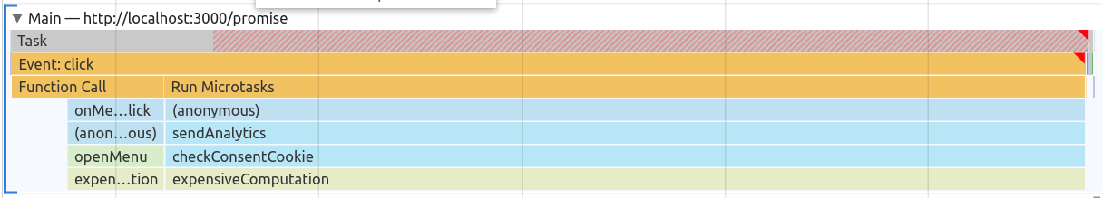 Un flamechart montrant l'exécution de notre code avec des promises