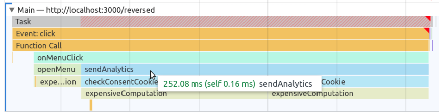 Un flamechart qui montre l'exécution de JavaScript avec la nouvelle implémentation