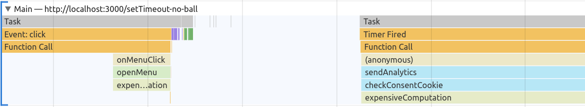 Un flamechart de l'exécution de notre code JavaScript avec setTimeout