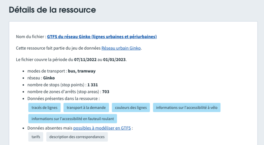 Fonctionnalités qui ont été modélisées dans un fichier de transports en commun du réseau Ginko
