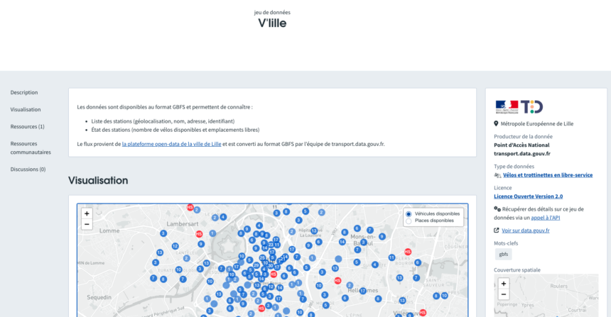 Carte des vélos en libre service. Le nombre de places disponibles dans chaque station est indiqué.