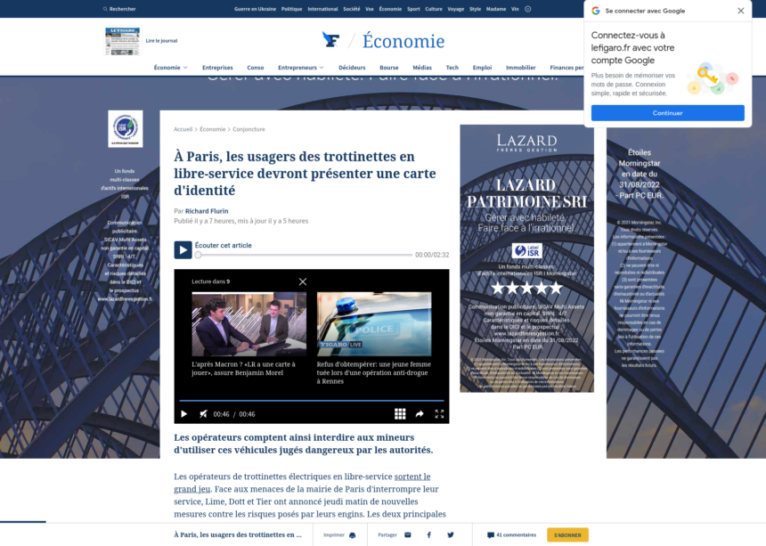 Une capture d'écran de la mise en page du Figaro. Le contenu principal est perdu au milieu des menus, pubs, popups, etc.