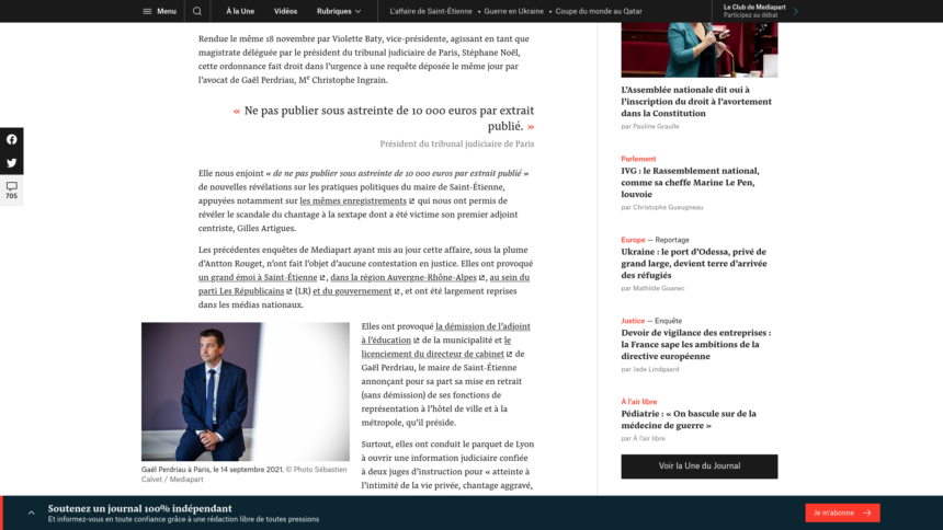 Capture d'écran de la mise en page d'un article sur Mediapart. Le corps de l'article à gauche et quelques liens vers des articles alternatifs dans une colonne droite.