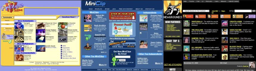 Captures d'écrans de sites de jeux Flash du début des années 2000
