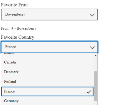 Il y a deux listes déroulantes : une liste contenant des fruits et une liste contenant des pays. La première est fermée et le fruit favori choisi est le mûrier-framboisier. La deuxième est ouverte et affiche la liste des pays pointée sur la France. Le design des 2 listes est le même.