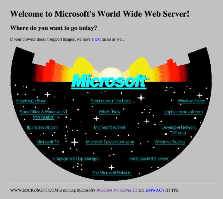 Site web de Microsoft de 1994, avec des liens apparemment incrustés à une image et le texte (en Anglais) « Si votre navigateur ne supporte pas les images, nous avons également un menu textuel. »