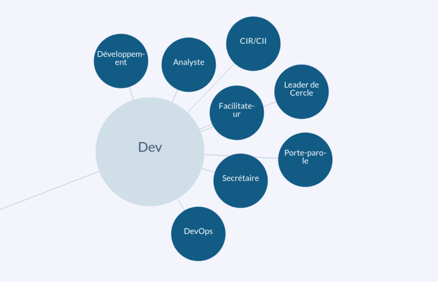 Représentation graphique des rôles sous forme de cercles connectés par la raison d'être, au centre.
