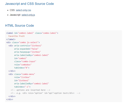 Code source en HTML de la liste déroulante accessible avec des liens pointant vers le code source CSS et JavaScript sur le site du W3C