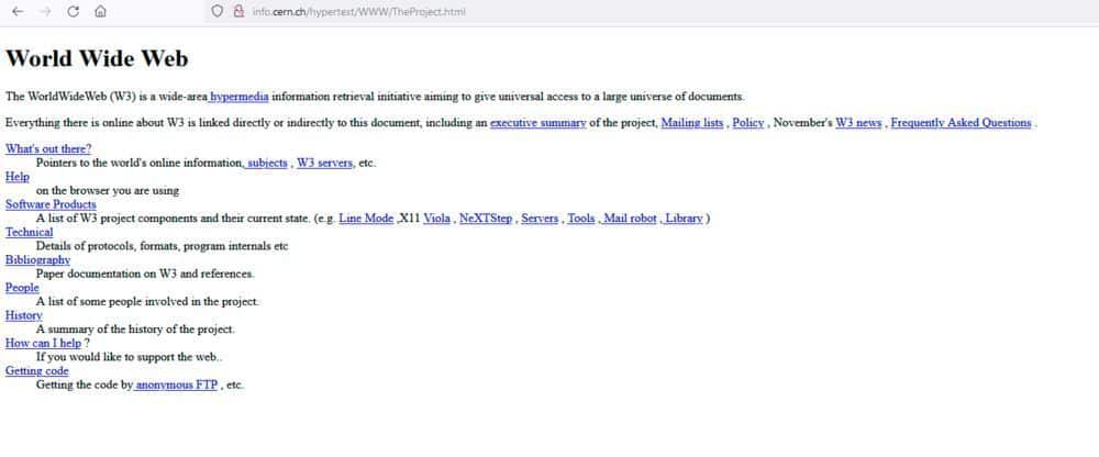 La page d'accueil du premier site web info.cern.ch. Pas de CSS et encore moins de JavaScript. Juste un titre, un peu de texte et une collection de liens.