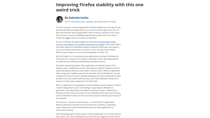 Capture d'écran d'un article du blog technique de Mozilla. On voit un titre et des paragraphes très uniformes.