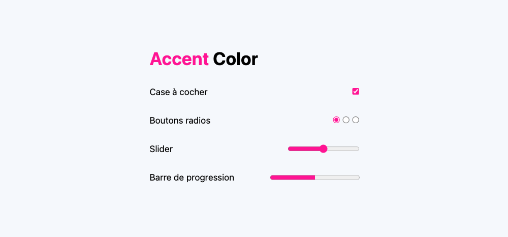 Exemple d'utilisation de la propriété CSS accent-color. Les cases à cocher, boutons radio, slider et barre de progression sont roses au lieu de leur couleur par défaut.