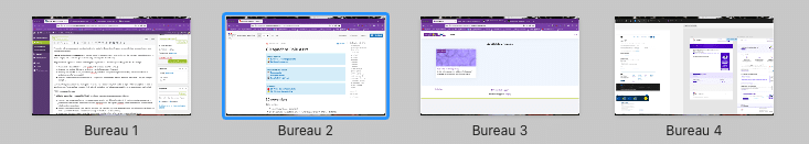 Interface de Mac OS, avec 4 vignettes montrant 4 bureaux (nommés Bureau 1, Bureau 2...)