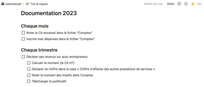 Capture d'écran d'une liste de tâches à accomplir, chaque mois, et chaque trimestre. Par exemple : Déclarer ce chiffre dans la case « Chiffre d'affaires des autres prestations de services »