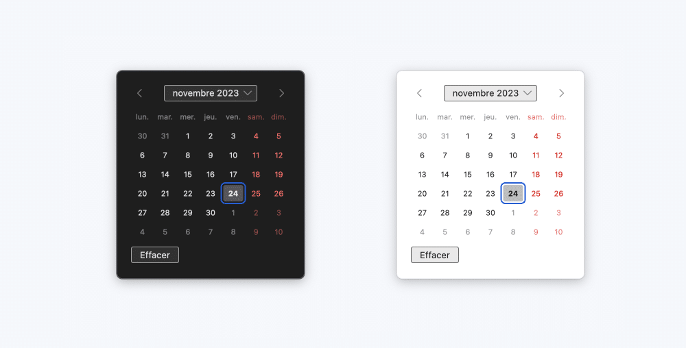 capture d'écran du calendrier d'un input de type date en mode sombre et en mode clair